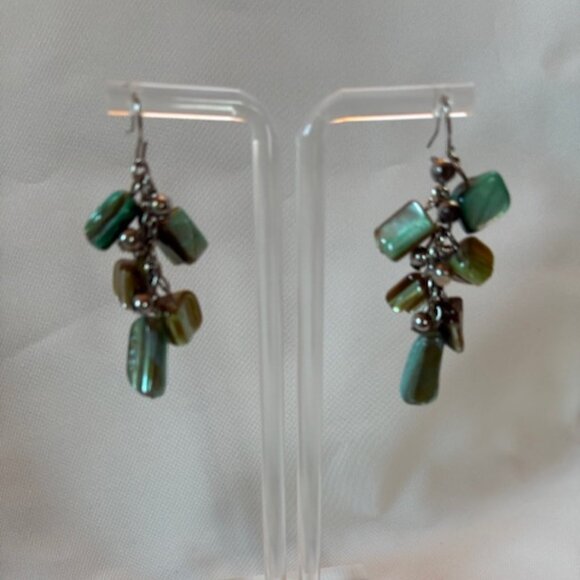 Earrings - dangling with clusters of green and turquoise beads. - Picture 1 of 4